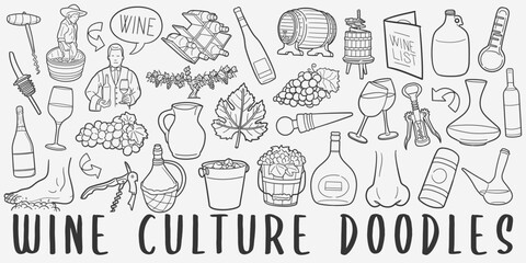 Wine Drink Doodle Icons. Hand Drawn Made Line Art. Winery Clipart Symbol Design.
