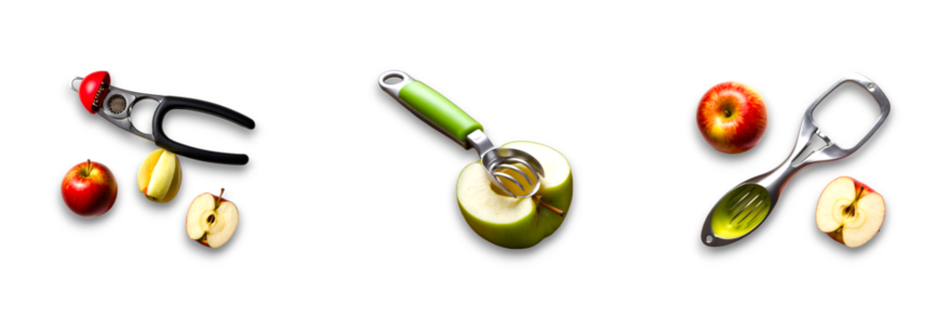 Isolated kitchen tools and apples on a transparent background