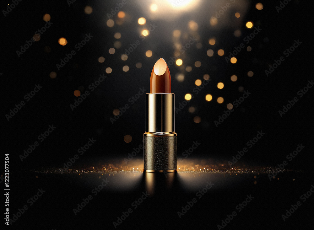 Poster a luxurious brown lipstick stands elegantly on a dark surface, illuminated by a warm, golden spotlig