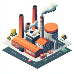 Obraz premium Isometric illustration of an industrial facility with smokestacks, trees, and a clean layout.