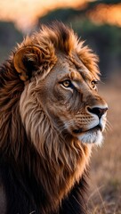 Fototapeta premium Majestic lion gazing in the savannah at sunset
