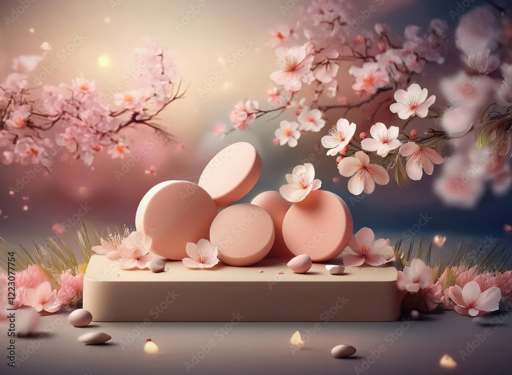 Poster soft pink blossoms frame pastel pink geometric shapes on a platform. a dreamy, spring-like scene wit