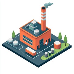 Isometric industrial factory emitting smoke with clean pink and blue background.