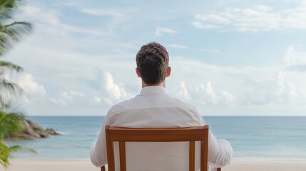 Fototapeta premium Businessman's Serene Beachside Contemplation Executive Relaxation and Tropical Getaway, Embracing Success and Tranquility