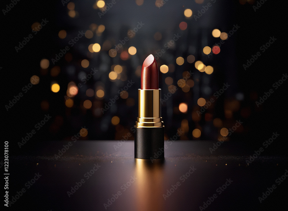 Poster a single tube of dark red lipstick stands on a reflective surface against a backdrop of sparkling go