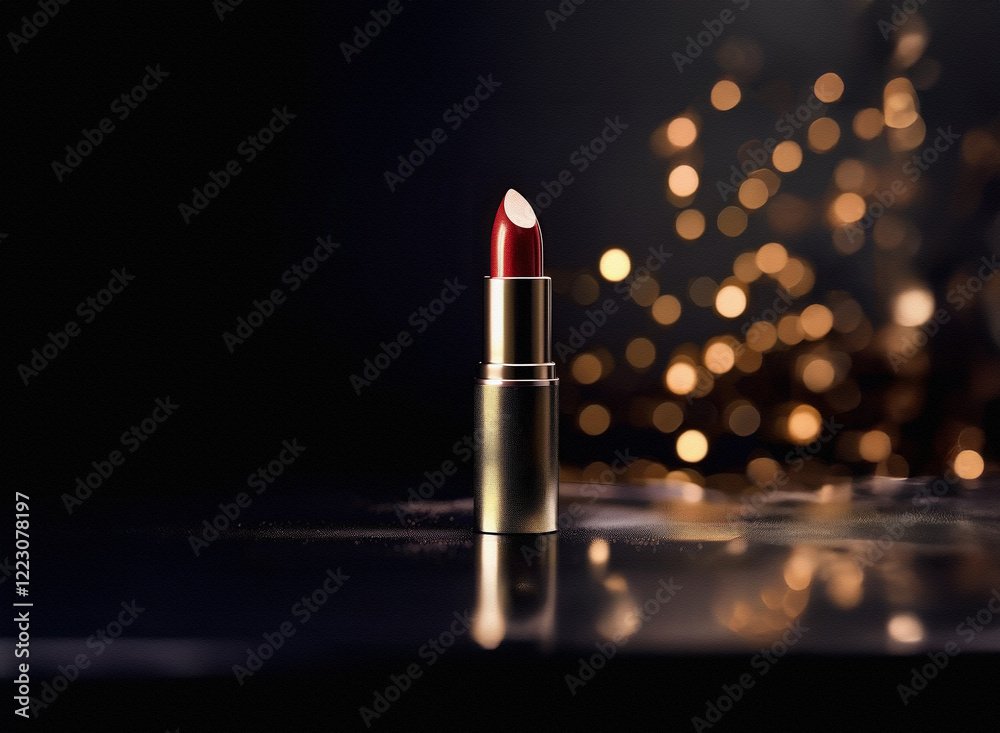 Poster a single tube of dark red lipstick with a gold casing stands on a reflective surface against a bokeh