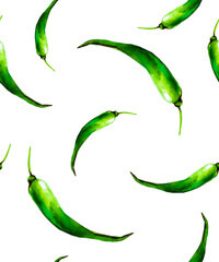 Juicy green vegetables and fruits on a seamless background. Leaves and curls painted with watercolor paints for illustration or design