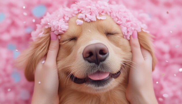 Explore joyful pet bonding and grooming creative ideas, showcasing a colorful, lively scene where a pet owner styles their dogs fur in a playful, creative way Discover unique dog grooming looks, pet