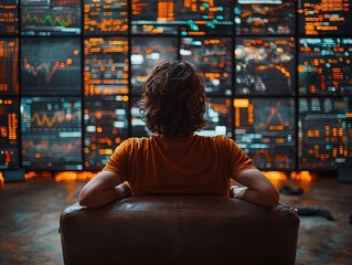 Confident Investor Analyzing Real Time Trends on Wall of Digital Screens