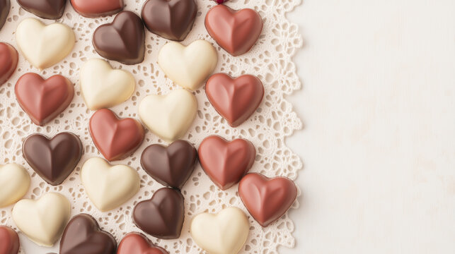 A flat-lay of milk, dark, and ruby chocolates shaped as hearts, beautifully arranged on a vintage lace cloth, with a soft vignette and open space for text