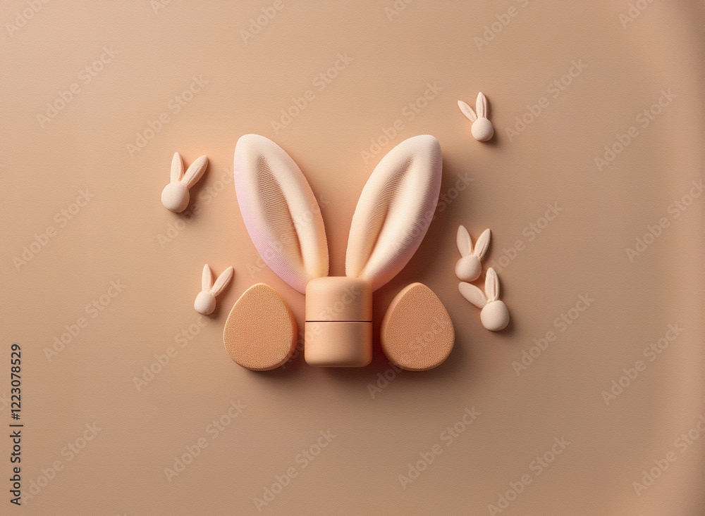 Poster a cute 3d rendering of a bunny's head with easter eggs, surrounded by smaller bunny icons against a 