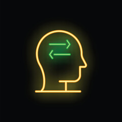 Neon human head silhouette with green arrows representing data exchange processes, symbolizing concepts like knowledge sharing, communication, and learning