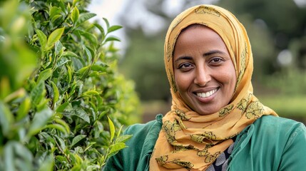 Smiling Woman in Hijab Amongst Lush Green Tea Plantation