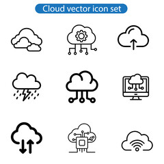 Cloud vector art icon. Set of icons for data storage, download, upload, database, server on white background.
