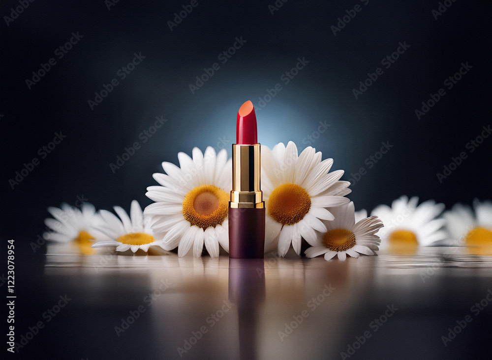 Poster a single red lipstick stands elegantly amidst a cluster of pristine white daisies, reflected on a da