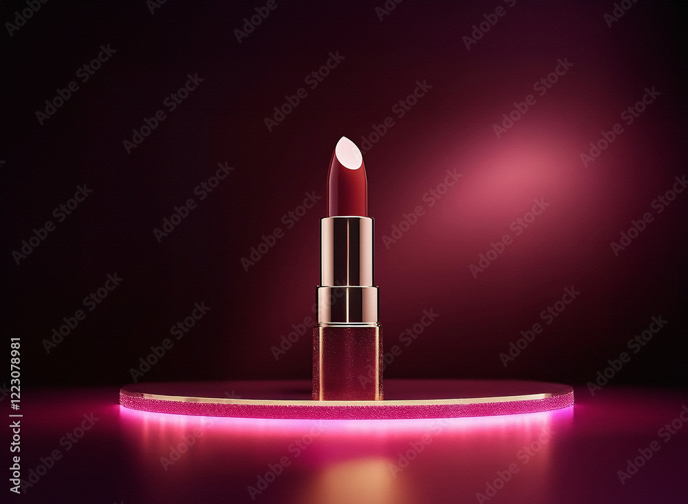 Aufkleber a single tube of dark red lipstick with a gold casing sits on a circular platform illuminated by a p