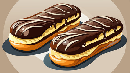 Photorealistic chocolate éclairs with glossy dark chocolate and white drizzle on a white table surface, featuring creamy custard filling and soft lighting.