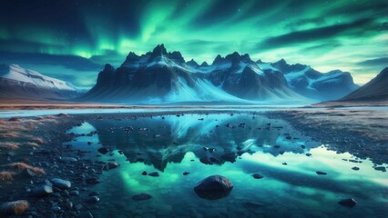 Fototapeta premium A serene Arctic landscape featuring dramatic ice formations and floating icebergs reflected in still water.