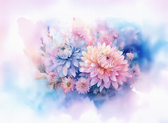 Obraz premium A delicate watercolor painting showcases a bouquet of pastel pink and blue chrysanthemums, nestled in a soft, dreamy cloud of color. The image evokes serenity and gentleness.
