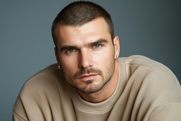 Confident Young Man with Short Hair and Earring, Studio Portrait