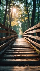 Obraz premium Serene Wooden Bridge in Sunlit Forest