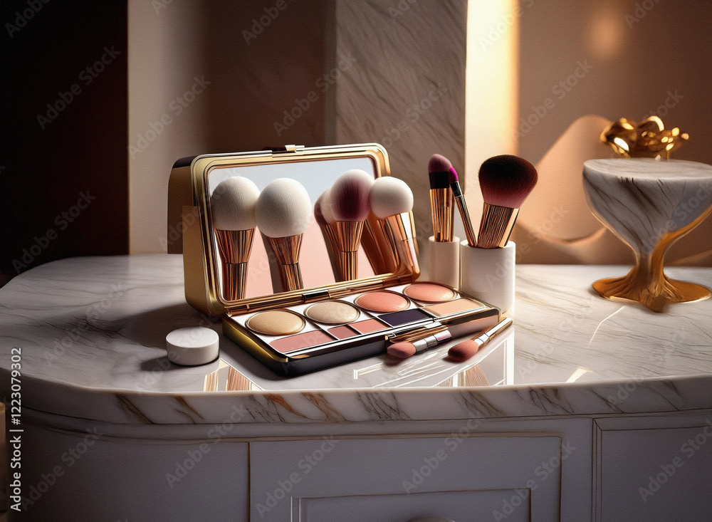 Poster A luxurious makeup palette and brush set rest on a marble vanity.  The gold accents and soft lighting create an elegant and sophisticated feel.