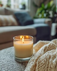 Lighting a scented candle on a coffee table