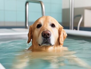 Golden retriever receives water therapy, showing a cheerful dog receiving water therapy for joint recovery, healing, and physical care Hydrotherapy rehabilitation for dogs with arthritis and mobility