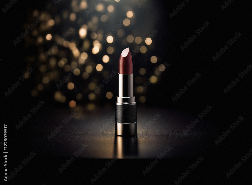 Poster a single tube of dark red lipstick stands on a reflective surface against a bokeh background of warm