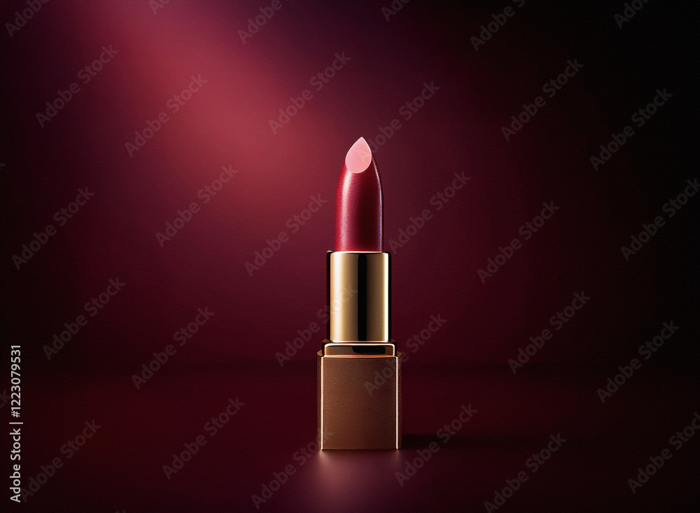 Poster a single lipstick with a burgundy hue and gold casing is dramatically lit against a deep maroon back