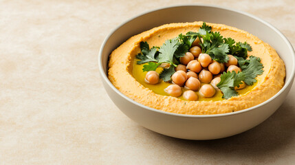 Delicious hummus served in a bowl with chickpeas and fresh herbs on top.