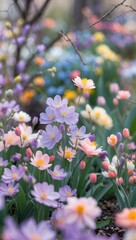 Fototapeta premium Blooming flowers in pastel colors in a serene spring garden.