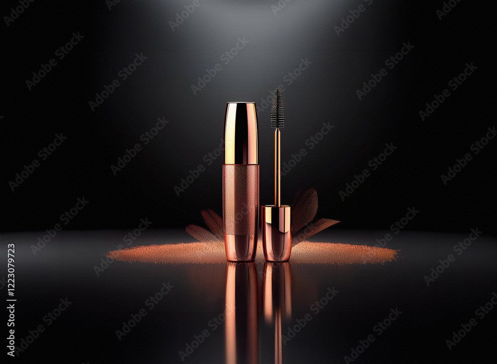 Poster rose gold eyeliner pen with applicator displayed on dark reflective surface, surrounded by subtle, s