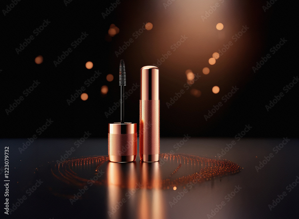 Poster rose gold mascara tube and wand on dark reflective surface with bokeh lights. elegant and luxurious 