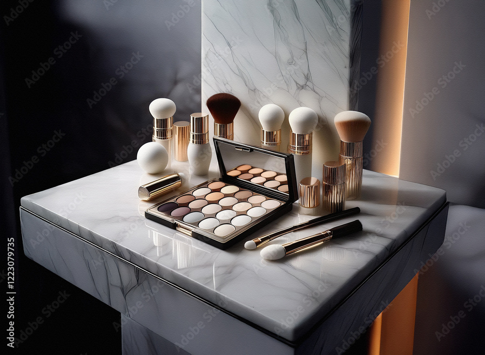 Poster A luxurious collection of makeup brushes and eyeshadow palettes displayed on a marble surface.  The setting is elegant and minimalist, highlighting the high-quality products.