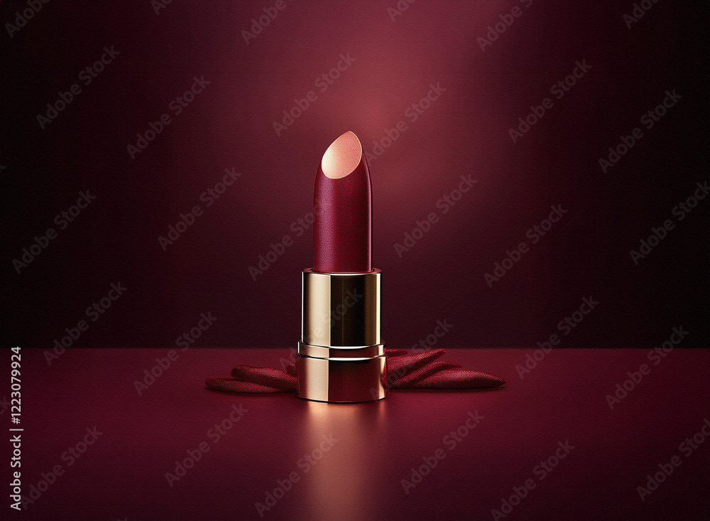 Poster a single tube of dark red lipstick stands upright on a reflective surface, partially obscured by sca
