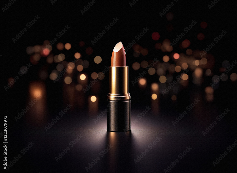 Poster a single tube of lipstick with a brown shade sits on a reflective surface. the background is blurred