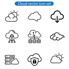 Cloud vector art icon. Set of icons for data storage, download, upload, database, server on white background.
