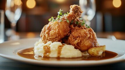 Close up of a plated dinner featuring fried chicken, mashed potatoes, and gravy on a restaurant table