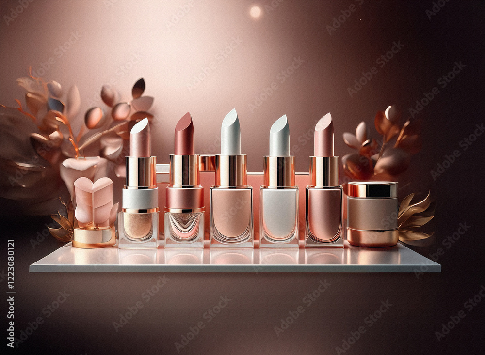 Poster a luxurious display of lipsticks and a cream in rose gold hues, elegantly arranged on a shelf with m