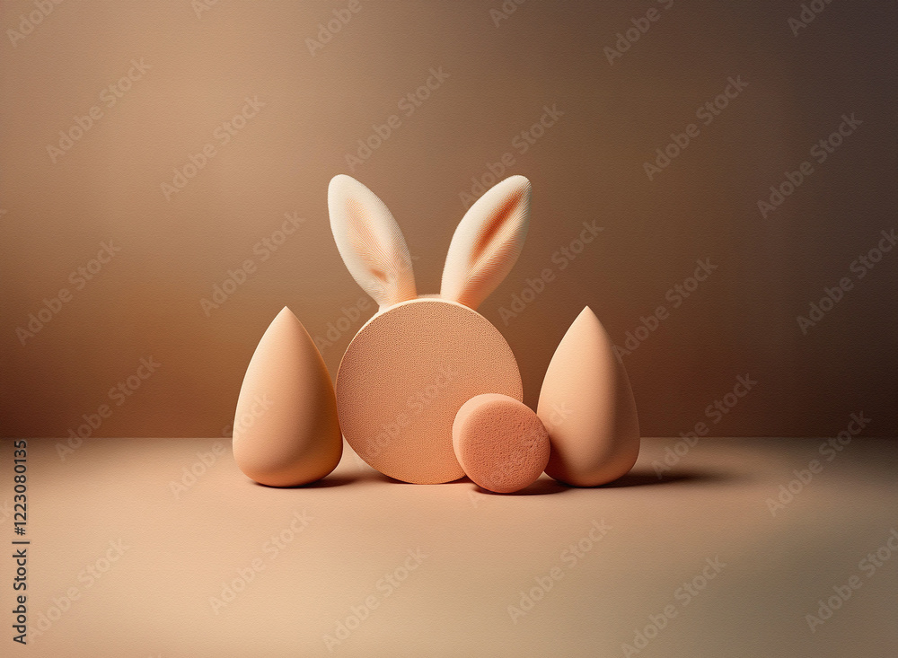 Poster A minimalist Easter scene features a pair of bunny ears perched atop a round object, flanked by two cone-shaped elements and a smaller sphere.  All objects are a muted peach tone against a matching ba
