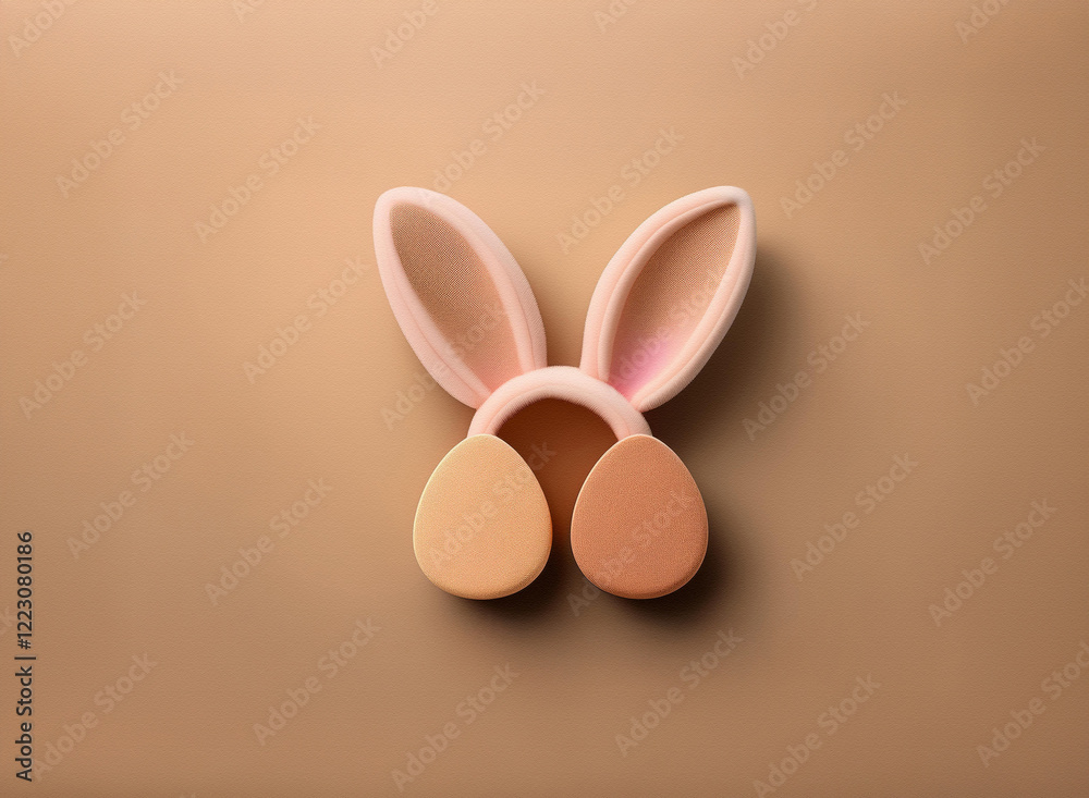 Poster A minimalist 3D rendering of bunny ears and eggs, suggesting Easter.  The pastel color palette is soft and calming against a neutral background.