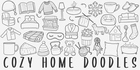 Cozy Home Doodle Icons Black and White Line Art. Home Sweet Home Clipart Hand Drawn Symbol Design.