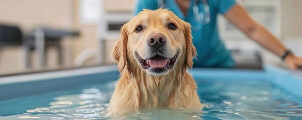 Pet health and exercise therapy is shown in this image, a golden retriever dog enjoys a cheerful hydrotherapy session, walking on a water treadmill A smiling therapist assists in this modern