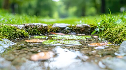 Lush green park path, small pond with lily pads, tranquil background.  Nature scene for website or print