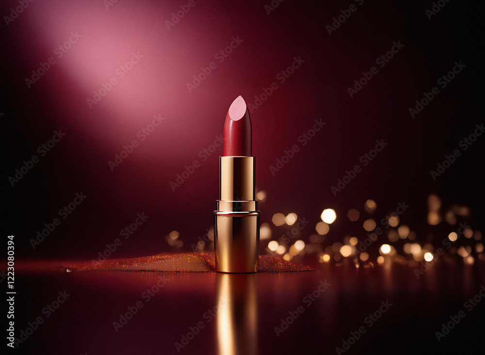 Poster a single lipstick in deep red stands on a dark, reflective surface, illuminated by soft lighting and