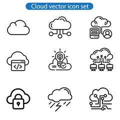 Cloud vector art icon. Set of icons for data storage, download, upload, database, server on white background.
