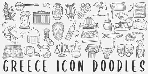 Greek Doodle Icons Black and White Line Art. Greece Clipart Hand Drawn Symbol Design.