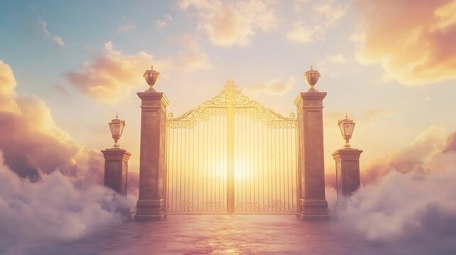 A closed golden gate to heaven is framed by a tranquil pastel background, providing generous copy space.