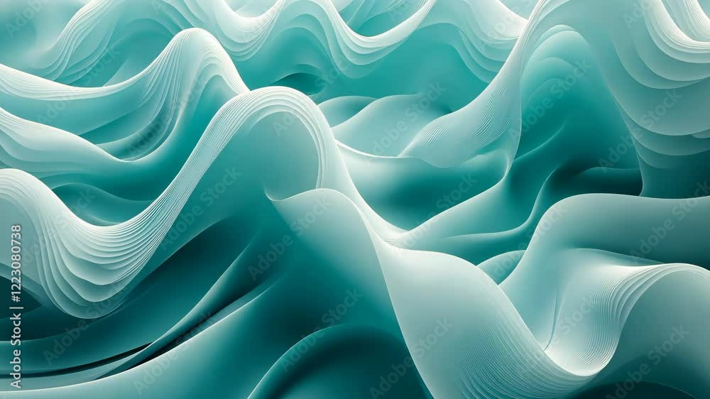 Poster An intriguing abstract video showcasing swirling patterns of turquoise and white creating a serene and dynamic visual experience. The interplay of translucent, wavy lines evokes a sense of depth